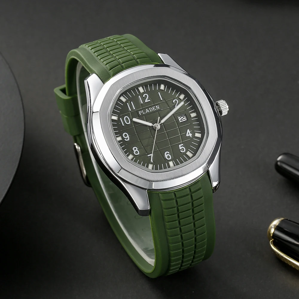 Classic Hand Grenade Dial Watch For Men Sports Silicone strap Quartz Watch Fashion Auto Date Green Wristwatch Man Free Shipping