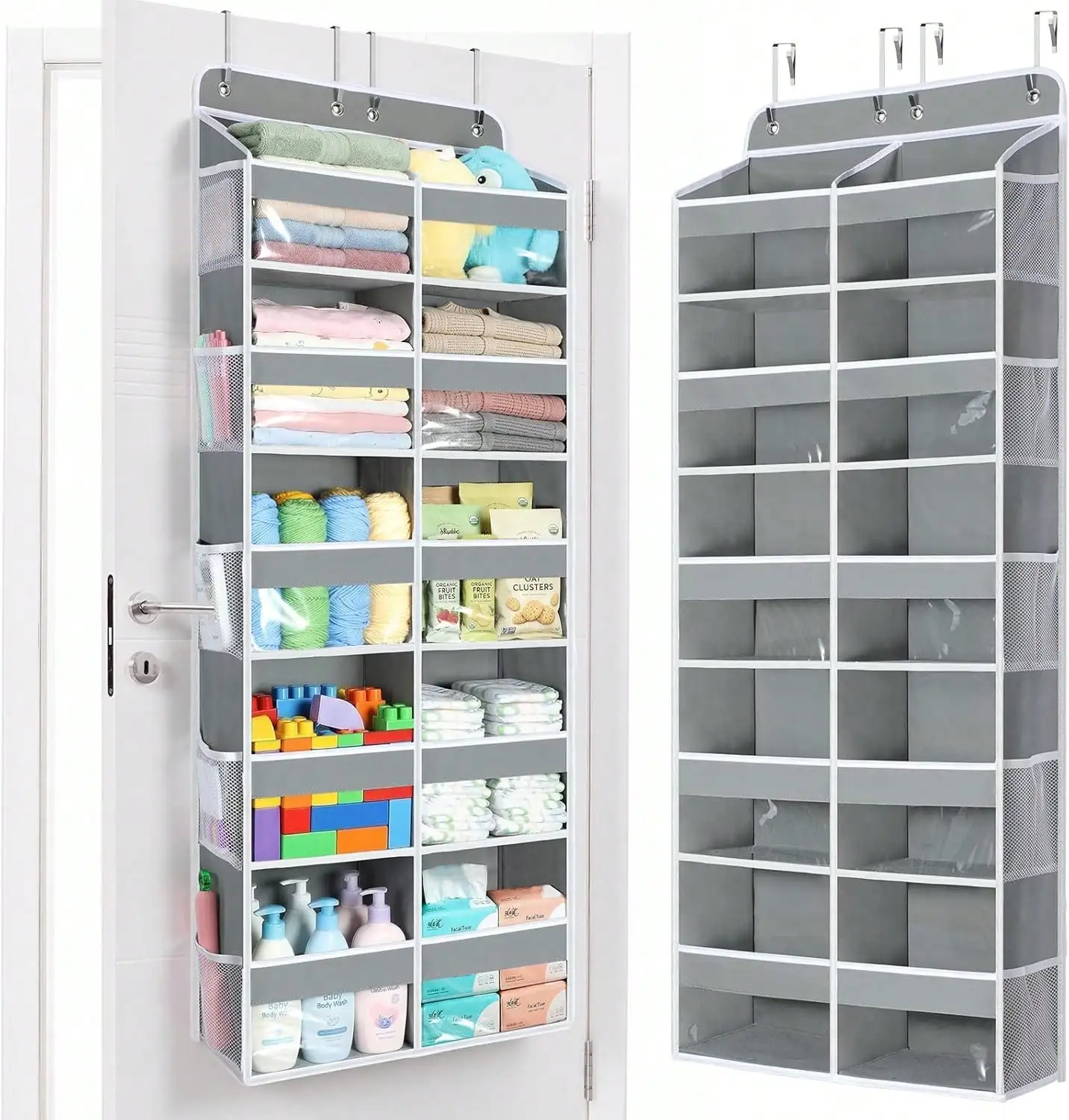 1 Pack Over The Door Organizer, Hanging Storage Organizer With Clear Window, 40lb Ultra Sturdy Large Capacity Room Organizer For Pantry Laundry Bathroom Nursery Closet Essential (Grey)