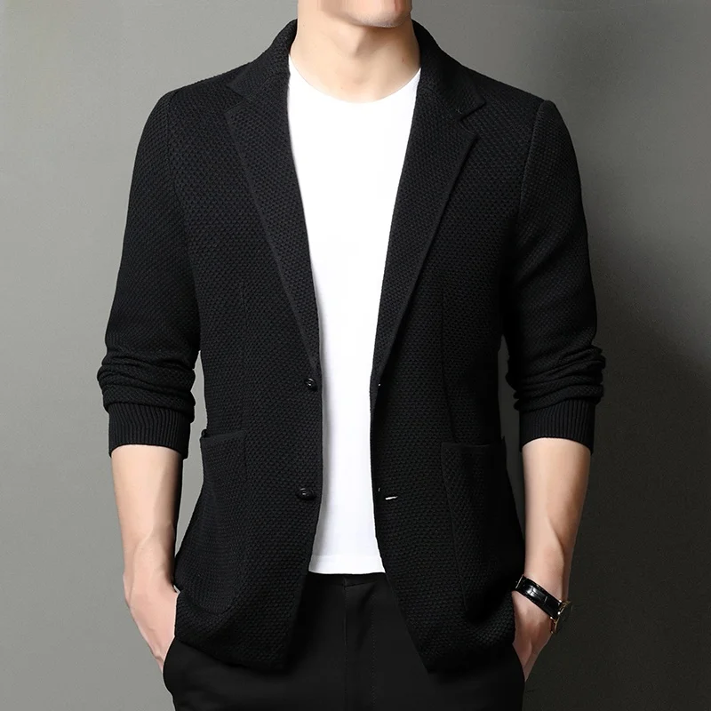 

Вязаная мужская куртка-жакет: новая весенняя модель, повседневный деловой стиль, приталенный крой, длинный рукав, однотонная, молодежная модная верхняя одежда