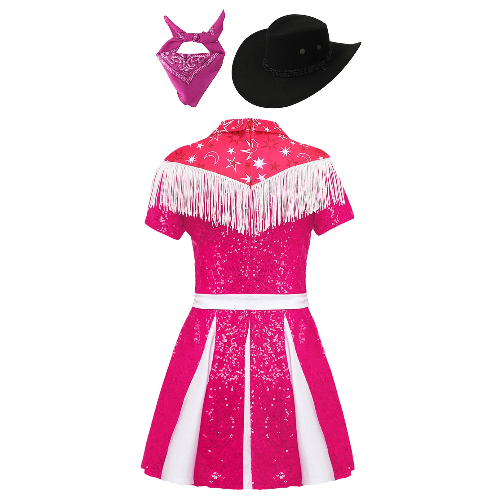 Kids Girls Halloween Western Cowgirl Cosplay Costume Sequins Patchwork Pleated Dress with Cowboy Hat And Bandanna Halloween