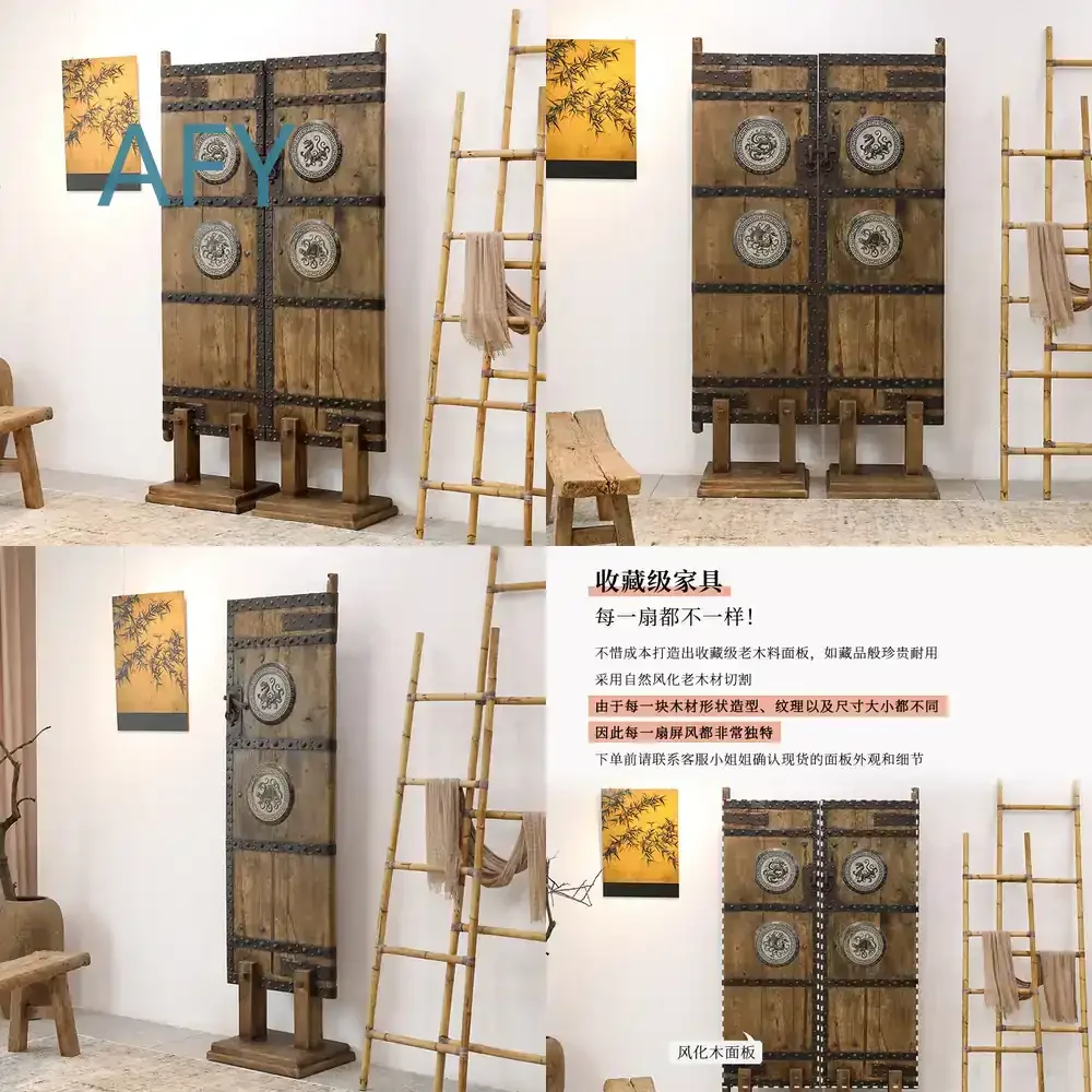 Wabi-Sabi Wind Partition for Entrance Screen Obscuring Living Room Background Decorative Old Elm Door Panels Vintage Objects