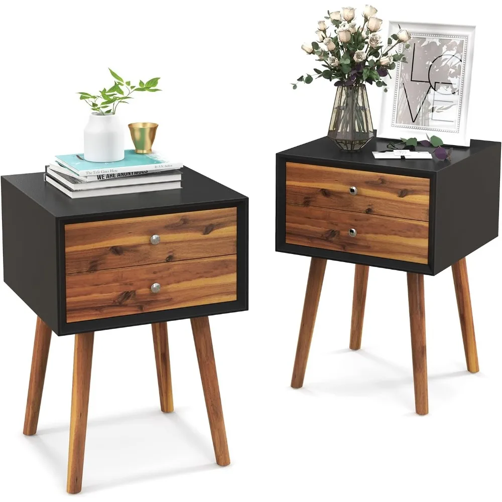 

Nightstand with 2 Drawers Set of 2, Mid Century Modern Bedside Table with Solid Wood Legs, Practical End Side Table for Living