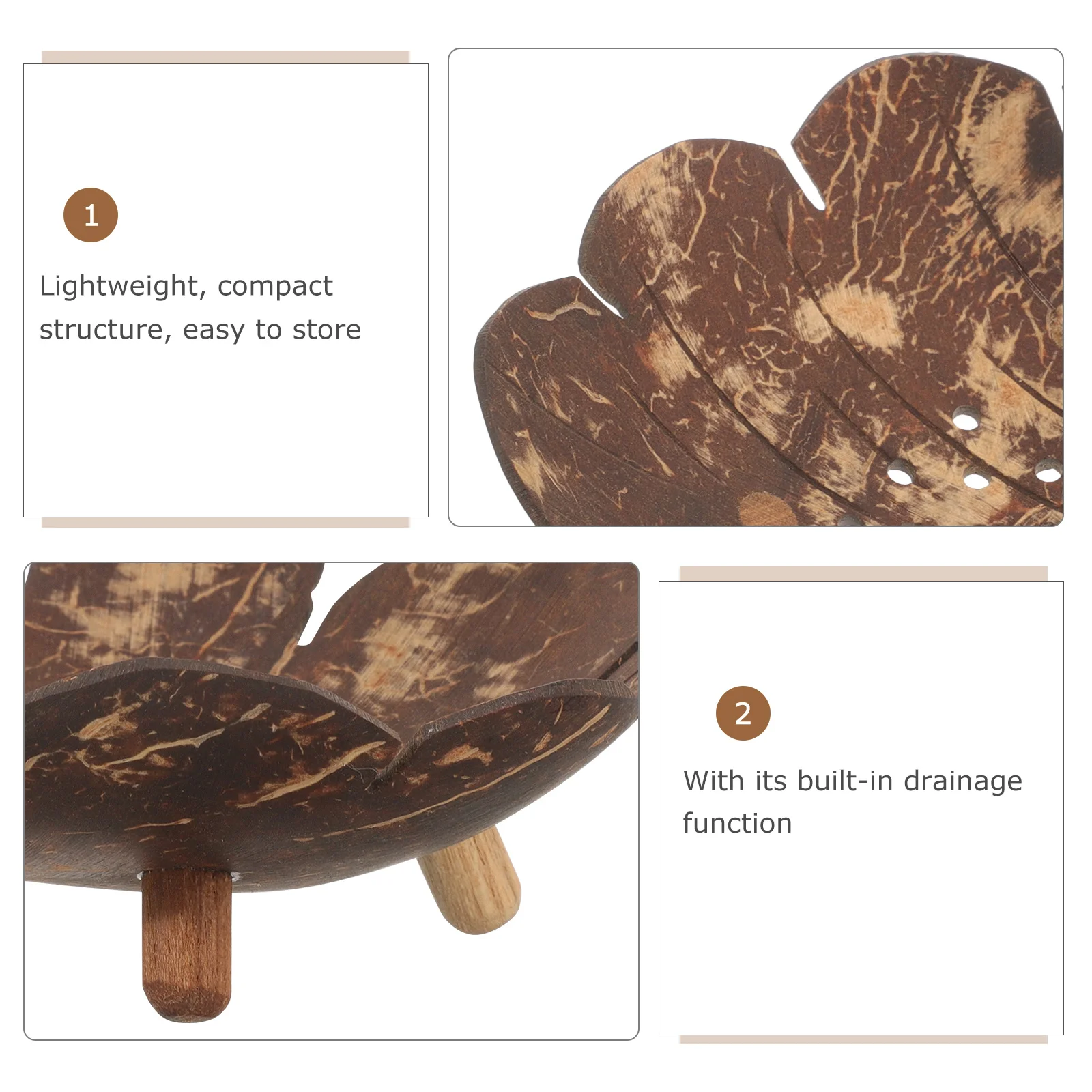 

Bathroom Coconut Shell Soap Dish Holder Self-Draining Tray Countertop Organizer Natural Eco- Holder