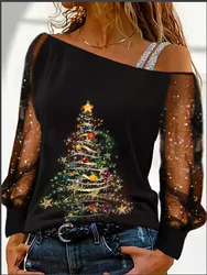 Alça de ombro prata feminina mangas transparentes, blusa lantejoulas, camiseta sexy, árvore de Natal impressa, blusa manga comprida