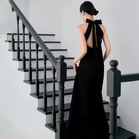 New sweat black long backless lady girl women prom evening party dress performance singing gown