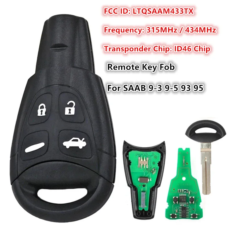 LTQSAAM433TX For SAAB 9-3 9-5 93 95 2003 2004 2005 2006 2007 - 2010 Smart Key Fob Remote Control 315MHz 434MHz ID46 PCF7946 Chip