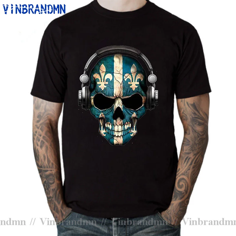 Vintage Dark Skull Deejay with Quebec Flag T shirts Cool Crazy DJ Suddenly Turn Hostile Opera Artistic Performance Face T-shirt