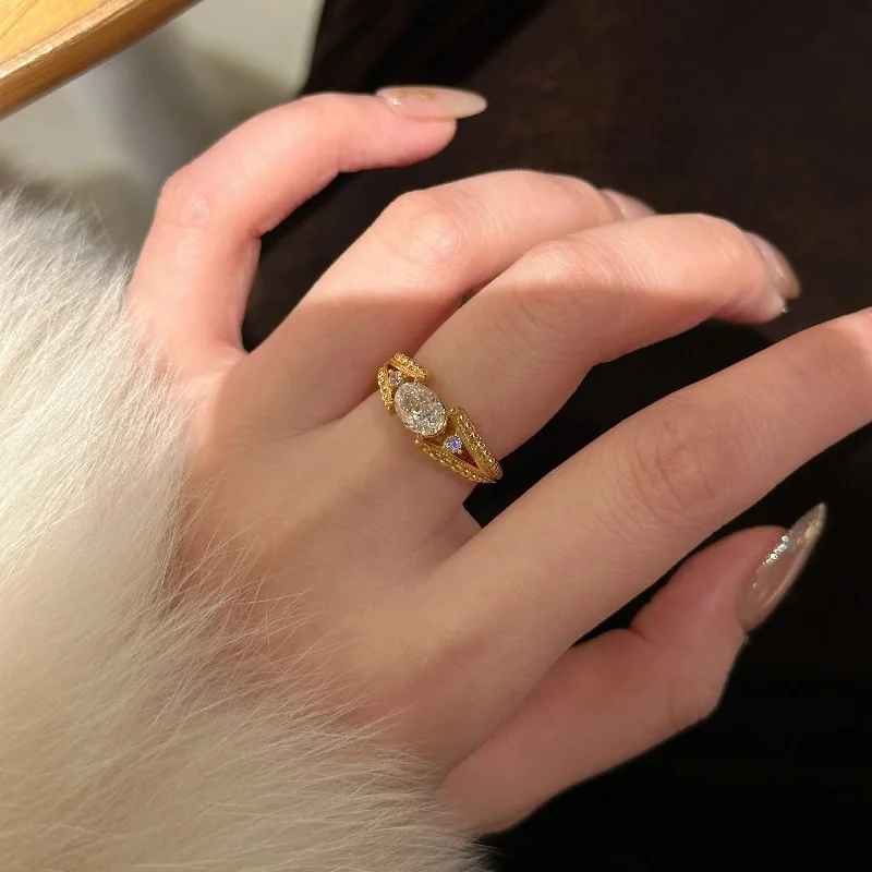 

French Classic Crystal Geometric Adjustable Ring for Women Bride Wedding Engagement Stainless Steel Ring Jewelry Accessories