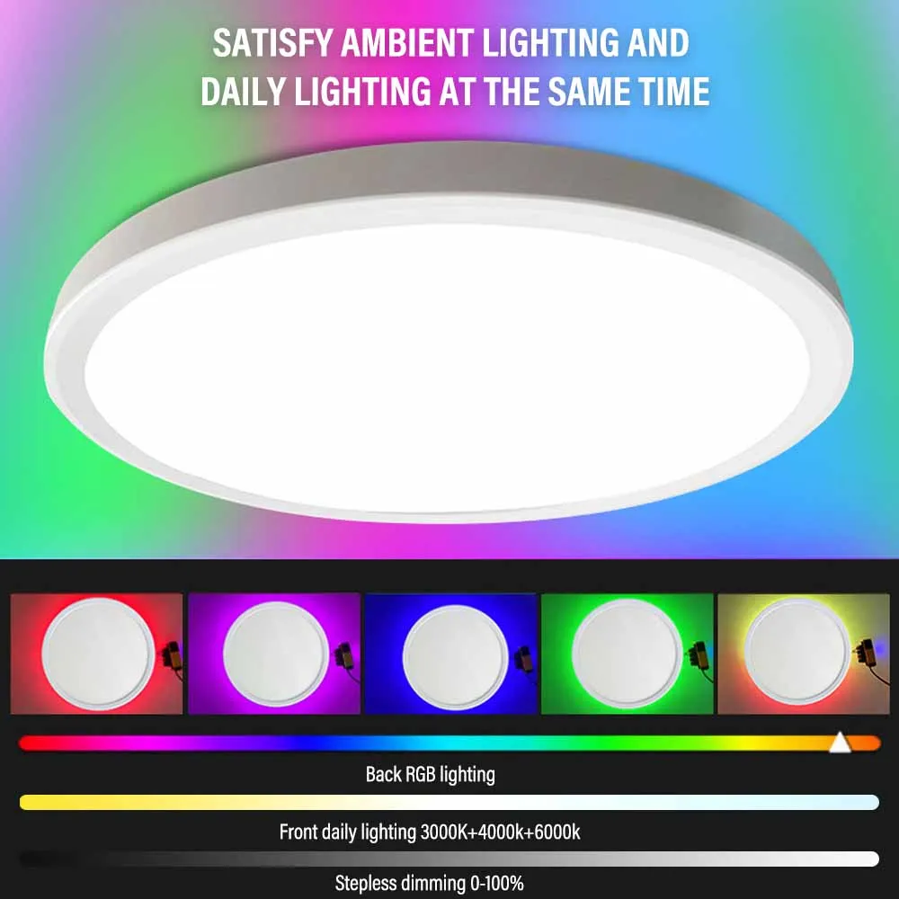 LED Round Ceiling Light Double Sided Lighting with Remote Control Dimmable RGB Backlight for Bedroom Kitchen Living Room Party