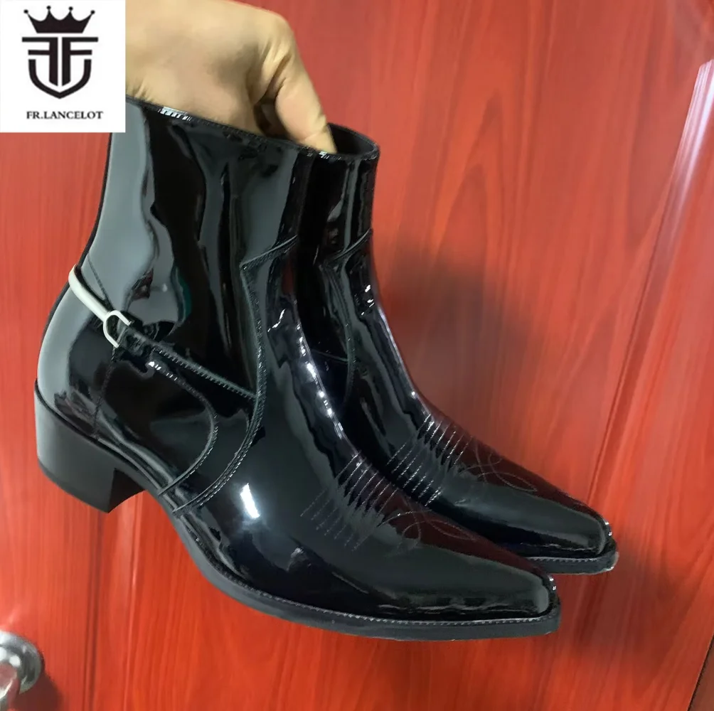 Factory Real Photo men black Shiny leather boots zip on side embroidery ankle booties male party shoes mens boot western Knight