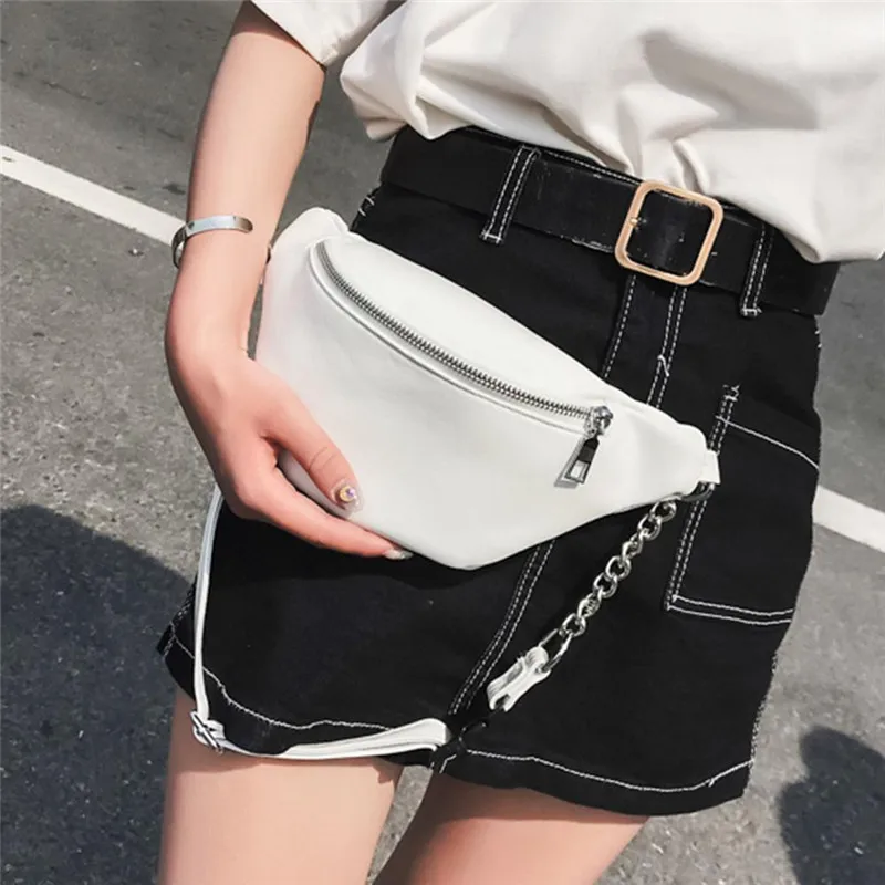 Women\'s Casual PU Waist Bag Chain Fanny Pack Travel Belt Purse Shoulder Bags Female Crossbody Bags Black/White