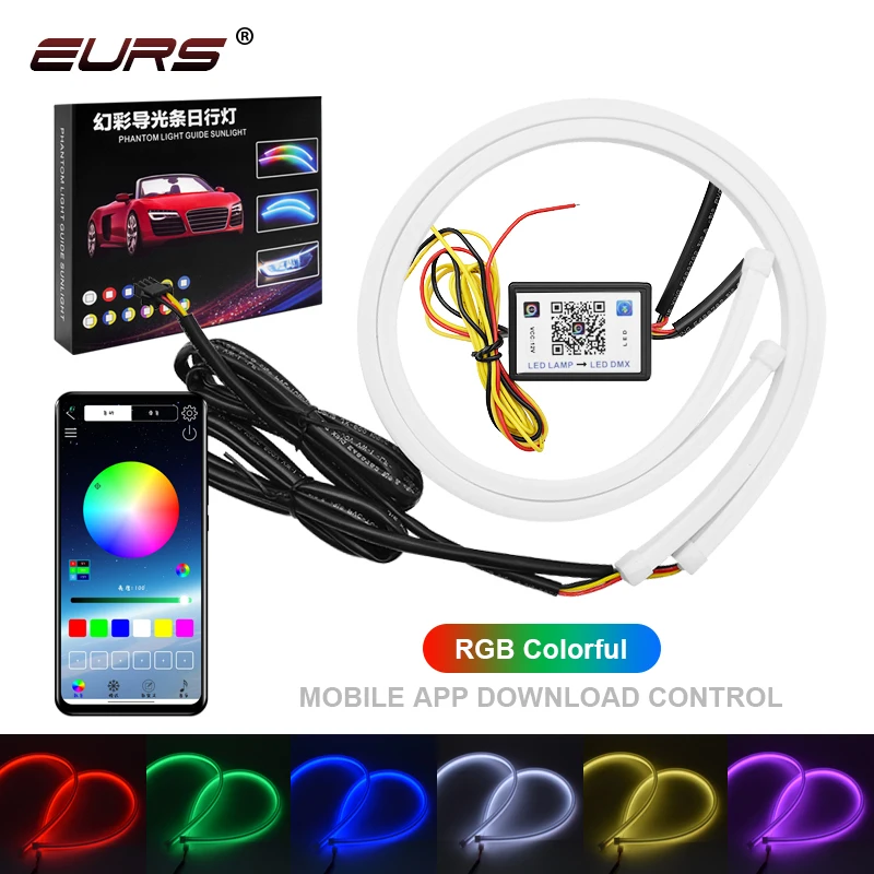 

EURS App Control 60cm Car LED Flexible Strip Lights DRL Flowing Turn Signal Angel Eye RGB LED Daytime Running Lamp Headlight 12V