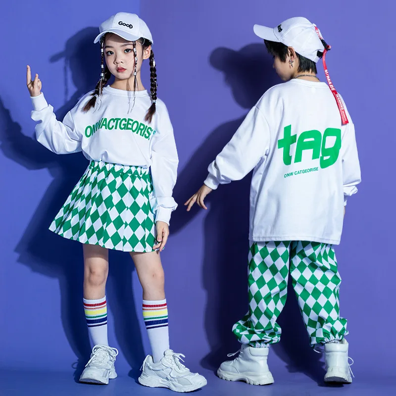 Kid Hip Hop Clothing White Sweatshirt Green Checkered Street Jogger Pants Pleat Skirt for Girl Boy Jazz Dance Costume Clothes