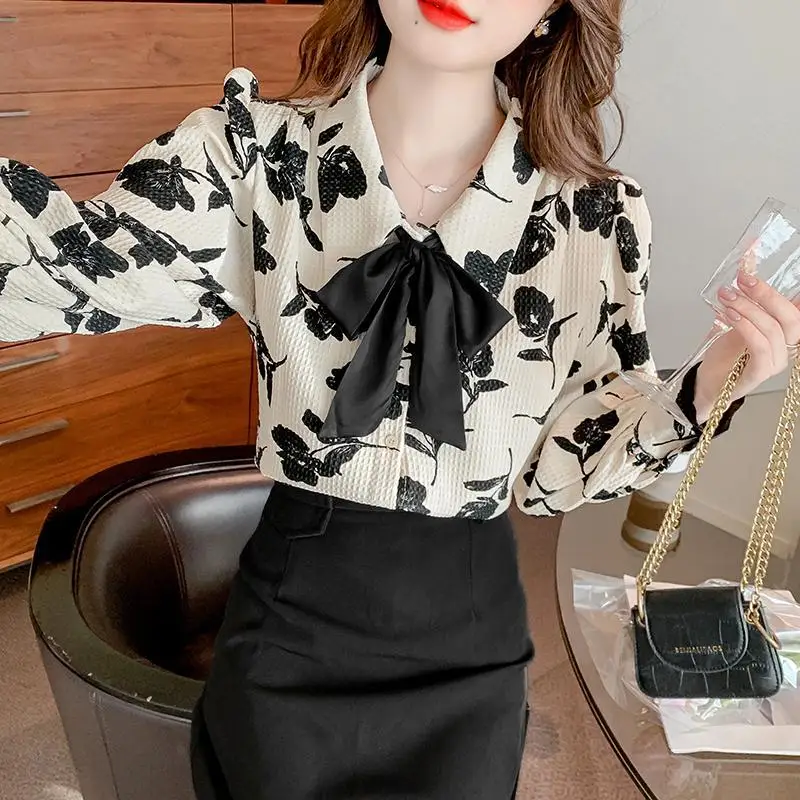 Women\'s Clothing 2024 Korean Fashion Bow Print Button Up Shirt Chic Sweet Chiffon Blouse Casual Long Sleeve Tops Blusas De Mujer