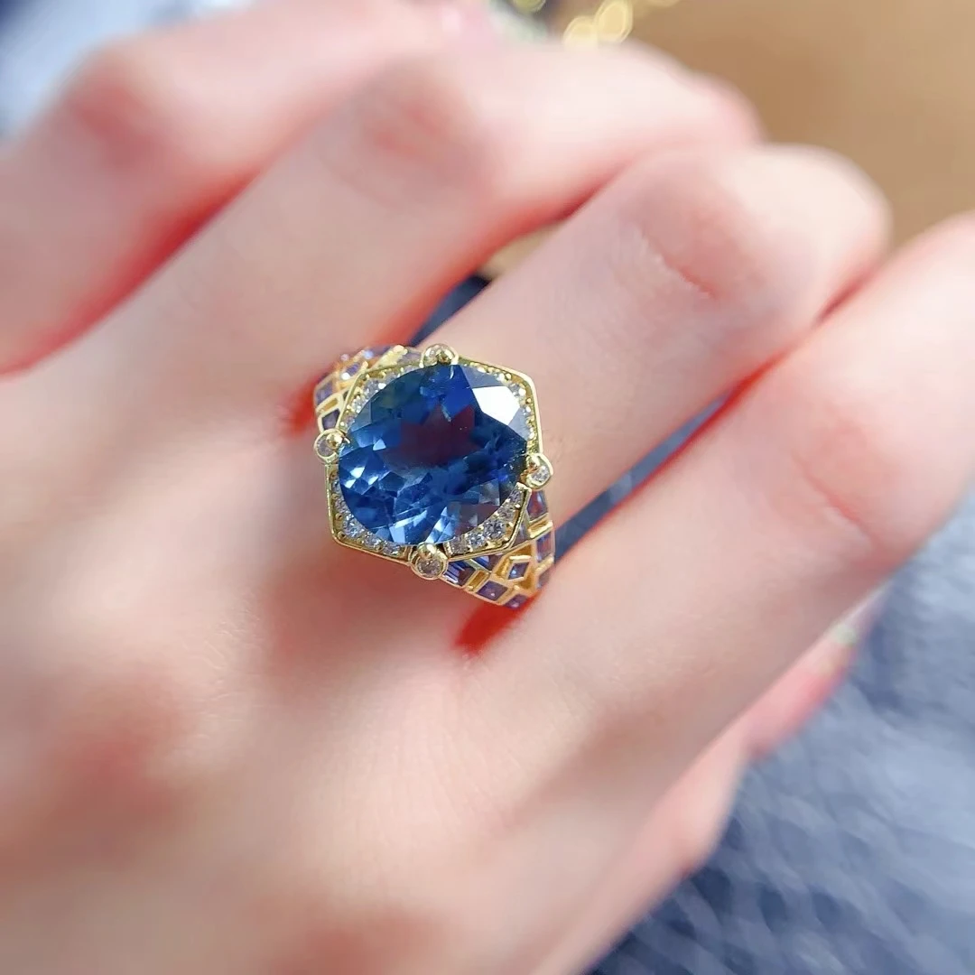 

Vintage Look Natural Topaz Ring for Party 10mm*12mm 5ct Genuine London Blue Topaz 925 Silver Ring with 18K Gold Plating