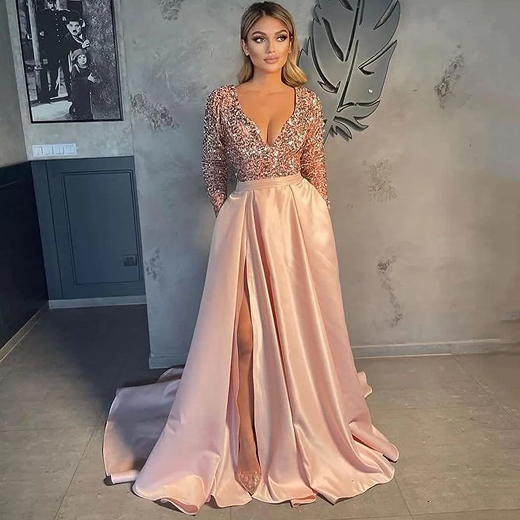 

FDHAOLU Sequin Pink Prom Dresses Sexy Slit Satin Long Sleeve Evening Party Gowns Simple A-Line Vestido De Fiesta De Boda RU182