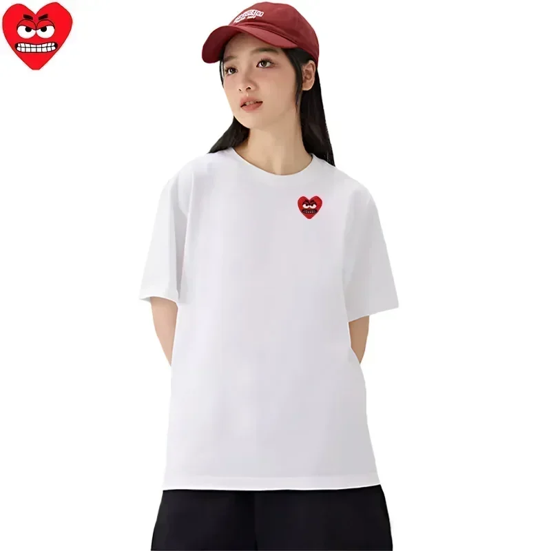 Quebrar ovo camiseta feminina algodão dos desenhos animados bonito snag coração bordado o pescoço de manga curta reta senhora verão sólido camiseta