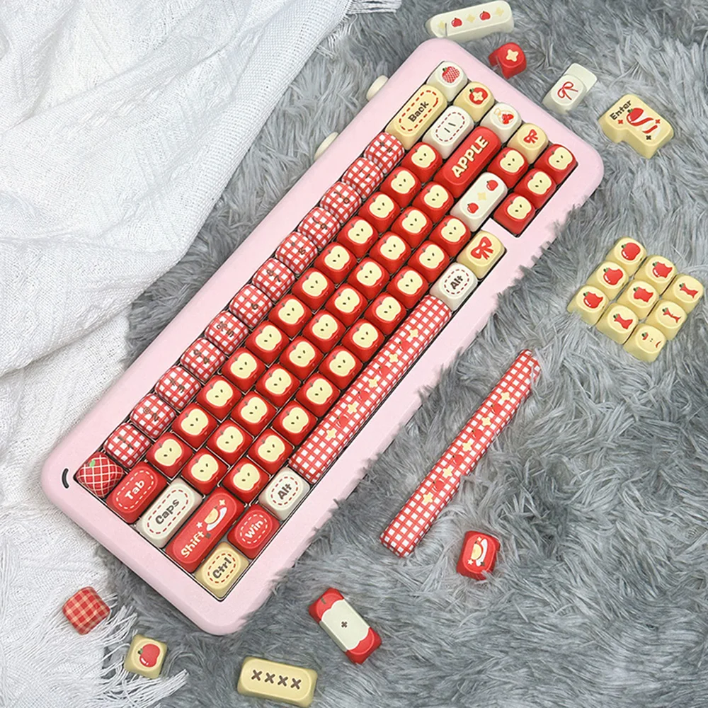 Cute Apple Shape Keycaps MOA Profile PBT Keycaps Dye-Sub 143 Keys Red Girl Kawaii Mechanical Keyboard Keycap Set for MX Switches