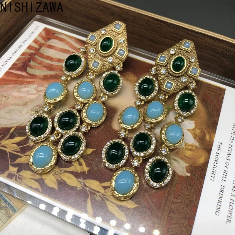 

NISHIZAWA Emerald Tassels Women Earrings Palace Style Vintage Aretes De Mujer Hyperbole Fashion Elegant Party Jewelry