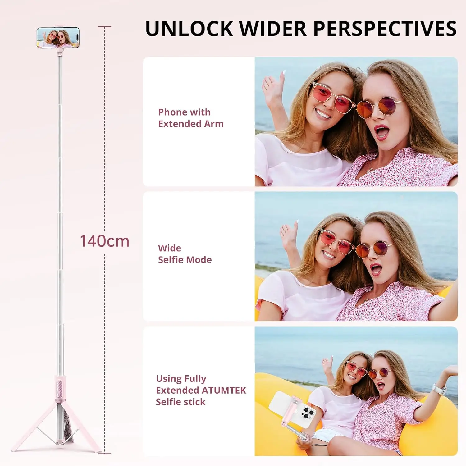 55' ausziehbares Aluminium-Selfie-Stick-Stativ mit Bluetooth-Fernbedienung, rosa, passend für 4,7-7' Telefone