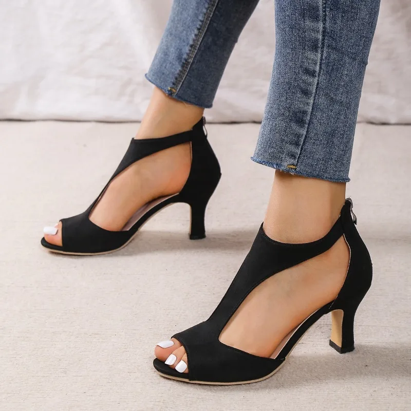 Women Sandals Summer Fashion Rear Zipper Bag Heel Fish Mouth Shoes Flock Solid Color Comfortable High Heels Evening Dress Shoes