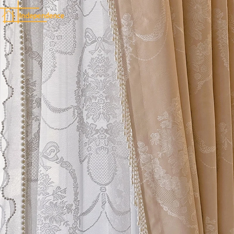 

Embroidery White Screen Window Screen Pink Jacquard Curtains for Living Room Bedroom Floor-to-ceiling Window Customization