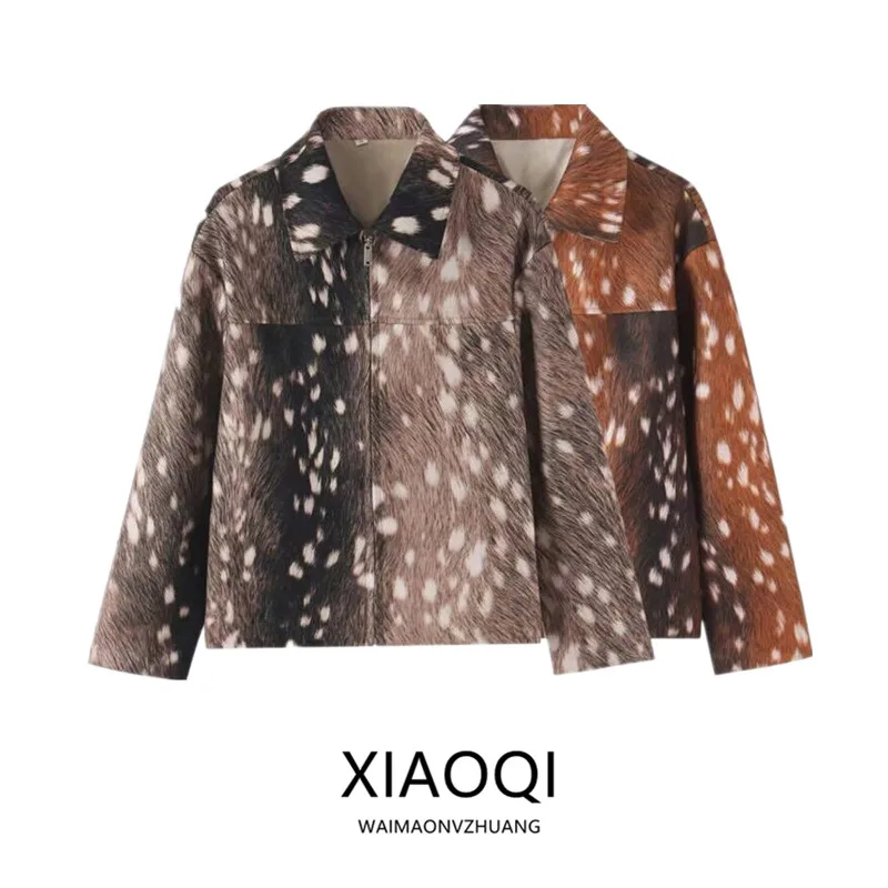 Fall 2026 Women's Suit Jacket Zipper Woolen Print Design Straight Cut Short Outerwear Fashion Trend European Style Coat