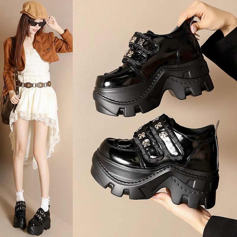 Black Patent Leather Platform Mary Janes Three Straps Metal Decor Chunky Sole Punk Gothic Shoes Daily Party Walking Footwear