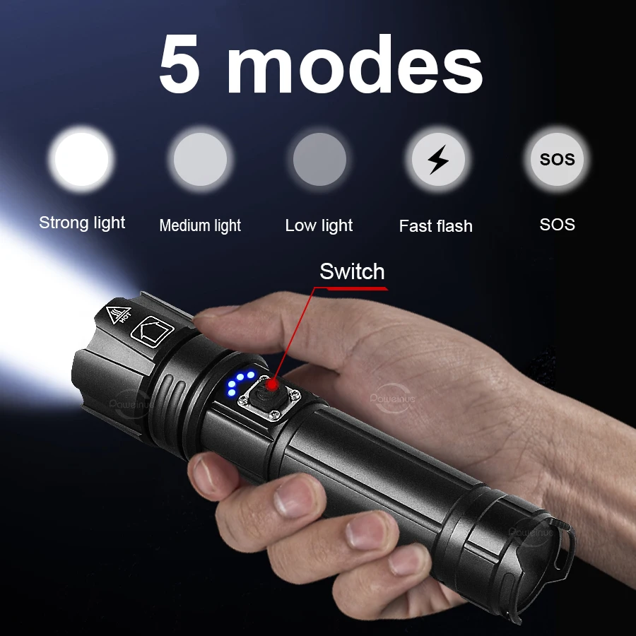 High Power Led Flashlight 300000LM Rechargeable XHP360 Powerful Flashlight 500W Ultra Powerful Torch Zoom Army Tactical Lantern