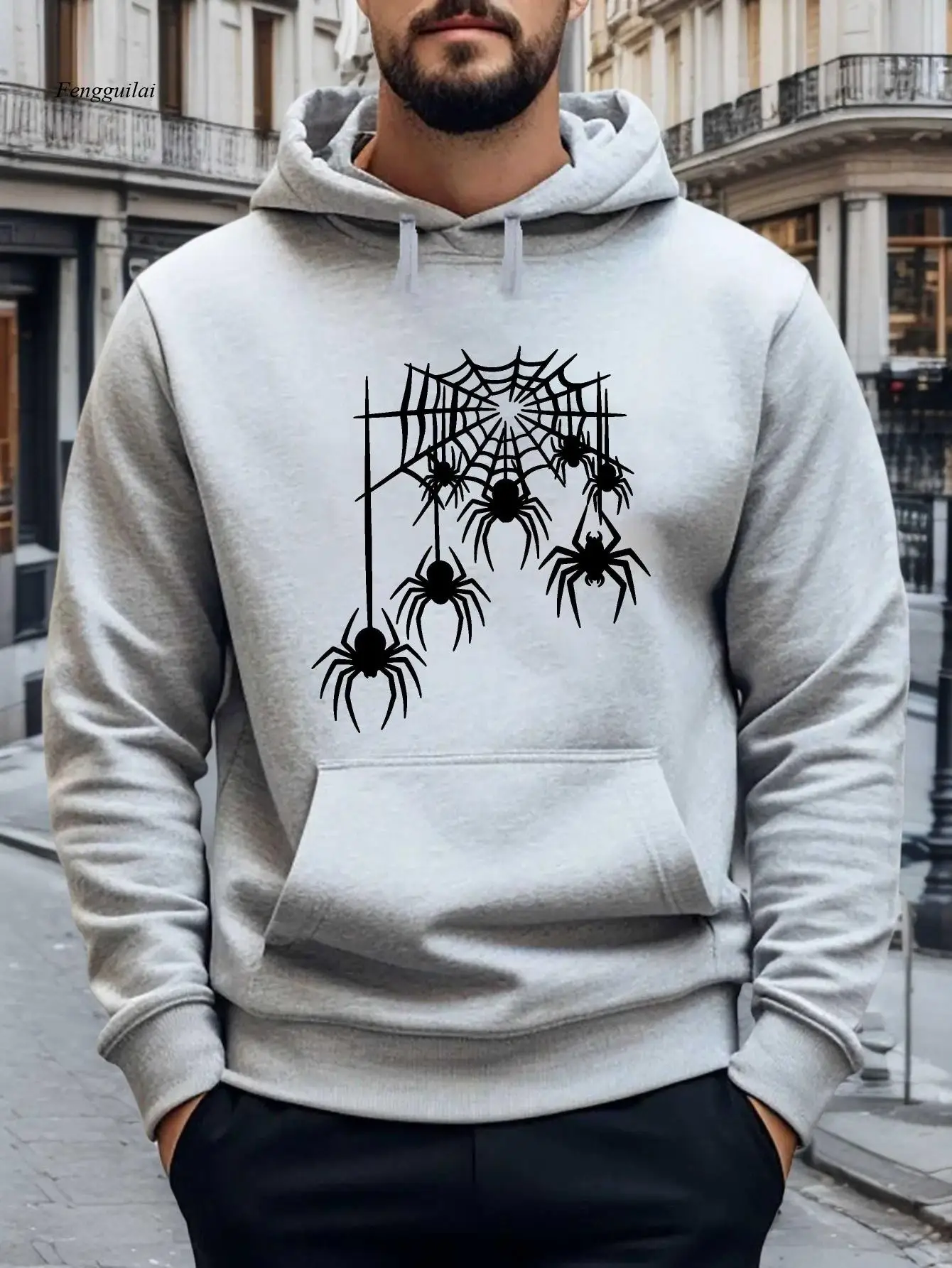 Sudadera con capucha de forro polar con estampado de telaraña gótica y murciélago - Beige con diseño de araña negra, acogedor jersey de forro polar