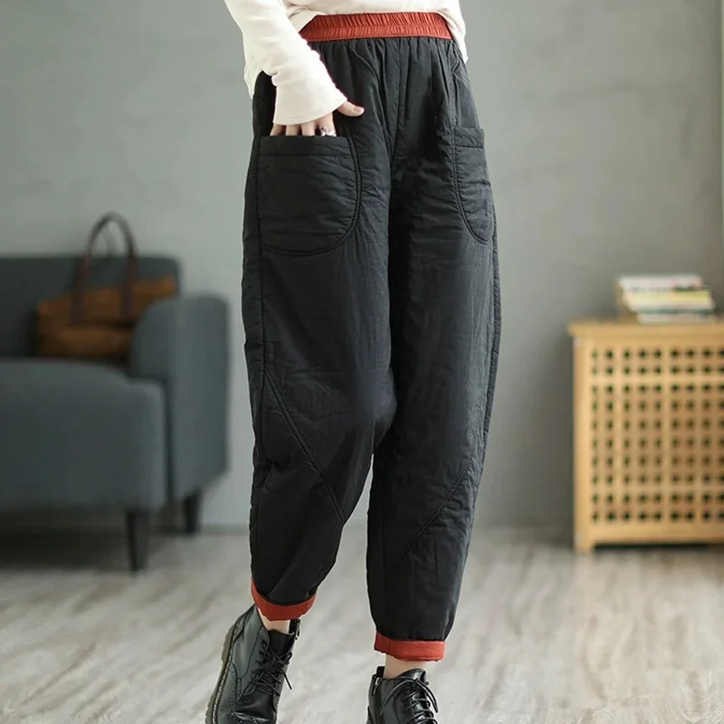 

Retro Hit Color Quilted Mommy Harem Pants New Winter High Waist Casual Loose Outerwear Trousers Warm Thick Wide Leg Pants Q7