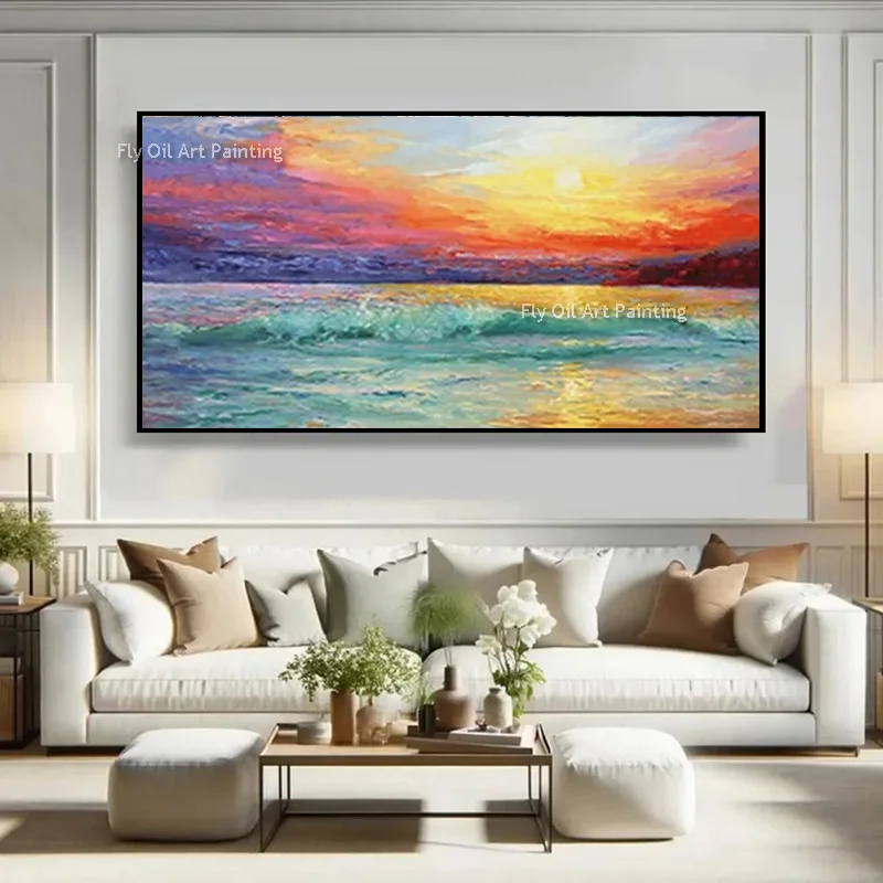 Modern Handmade Blue Sailing Boats On The Sea Canvas Artwork Decor For Living Room Beautiful Blue Red Sea Sunset Oil Painting