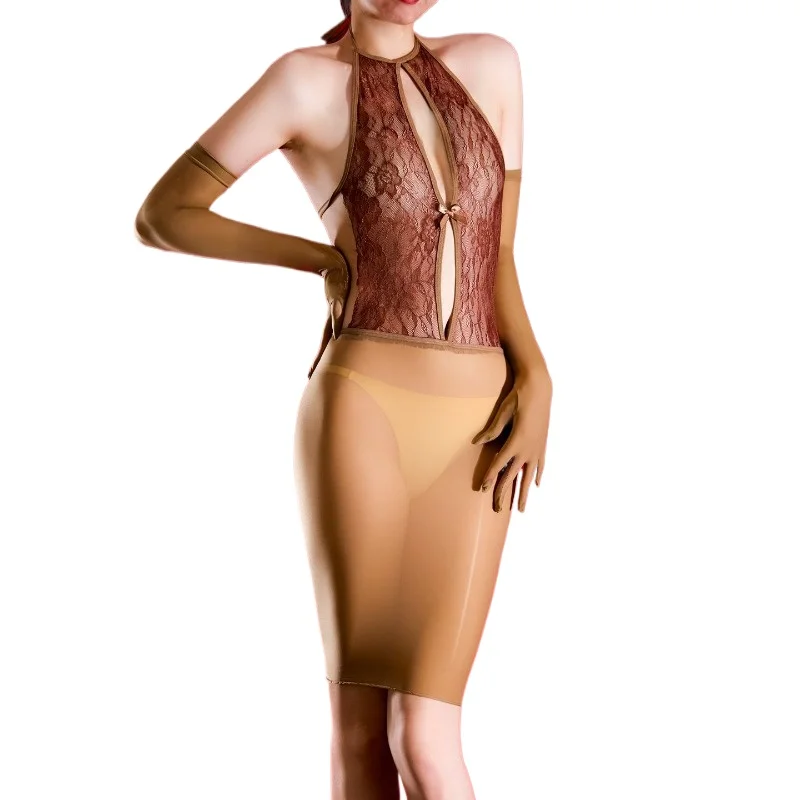 Women Oil Shiny Mini Dresses Sexy Backless Exotic Night Clubwear Transparent Lace Halter Neck Tank Hip-wrapped Skirt with Gloves