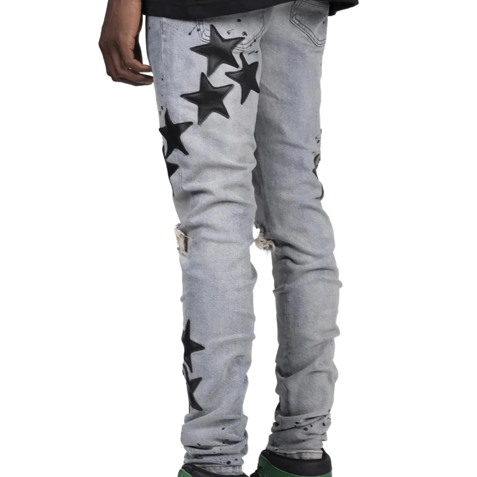 กางเกงยีนส์ทรงสลิมฟิตผู้ชายสตาร์ริปลำลองกางเกงยีนส์กลางสำหรับสวมใส่ทุกวันกิจกรรมกลางแจ้งสตรีทแวร์