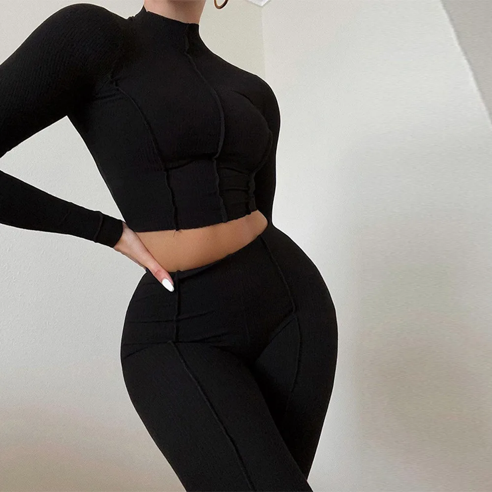 Autumn Women New Long Sleeved Set With Solid Color Round Neck High Waist Sexy Slim Fit Fashion Set Two Piece Set Reverse Design