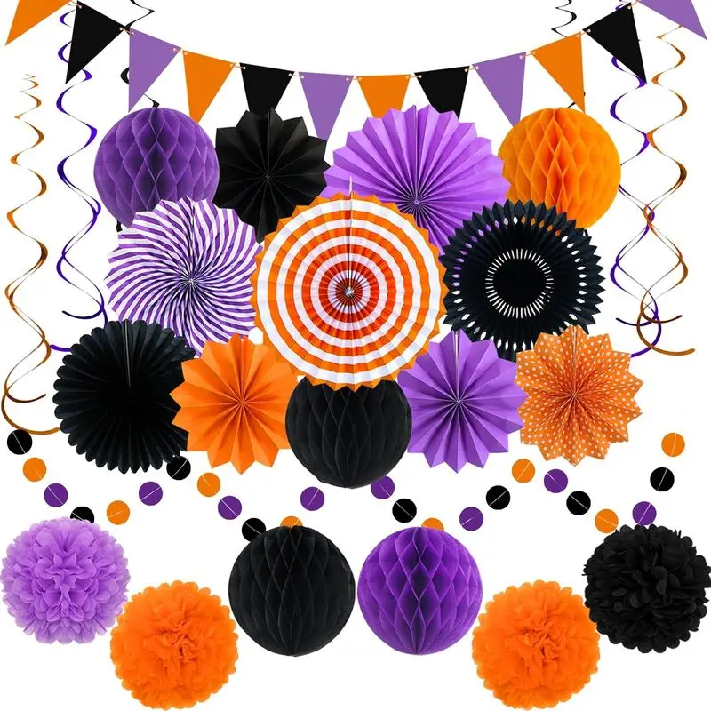Black Orange Purple Halloween Decor Set, 12/17Pcs Paper Lantern Fans Tissue Pom‑Pom Honeycomb Balls Streamers, Hanging Party