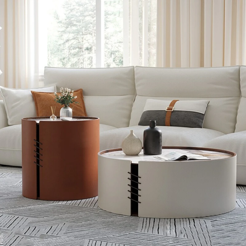 

saddle leather rock slab coffee table combination Italian small apartment living room size round Internet celebrity tea table