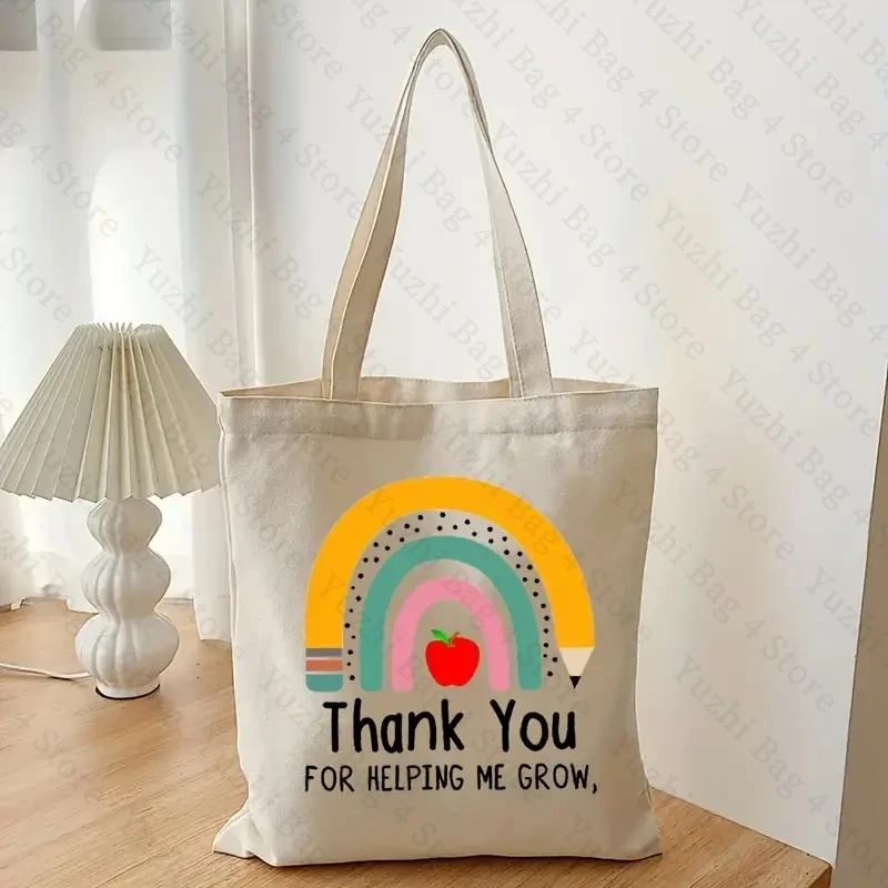 Thank You Helping Me Grow bolso de compras con patrón de arcoíris, bolsos de hombro de lona, bolso de mano de almacenamiento plegable reutilizable, regalo para profesores