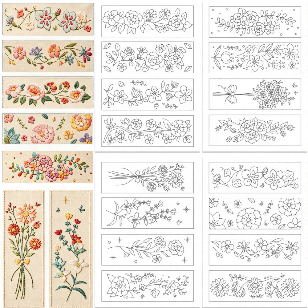 Patrones de bordado preimpresos florales, pegatinas de bordado autoadhesivas no tejidas con estabilizador soluble en agua soluble en agua para bricolaje