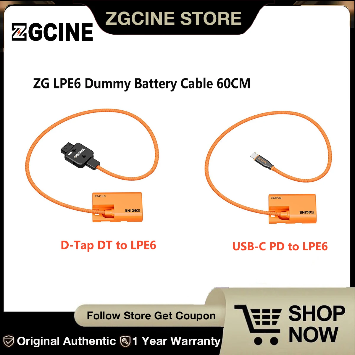 ZGCINE DT-LPE6 D-Tap/Type-C PD-to LP-E6NH Dummy Battery Braided Wire DC Coupler for Canon zg LPE6