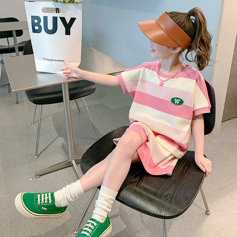 Girls' Set Summer New Girls' striped top and pants 2-piece set, Korean version stylish sportswear set for girls aged 4 - 14