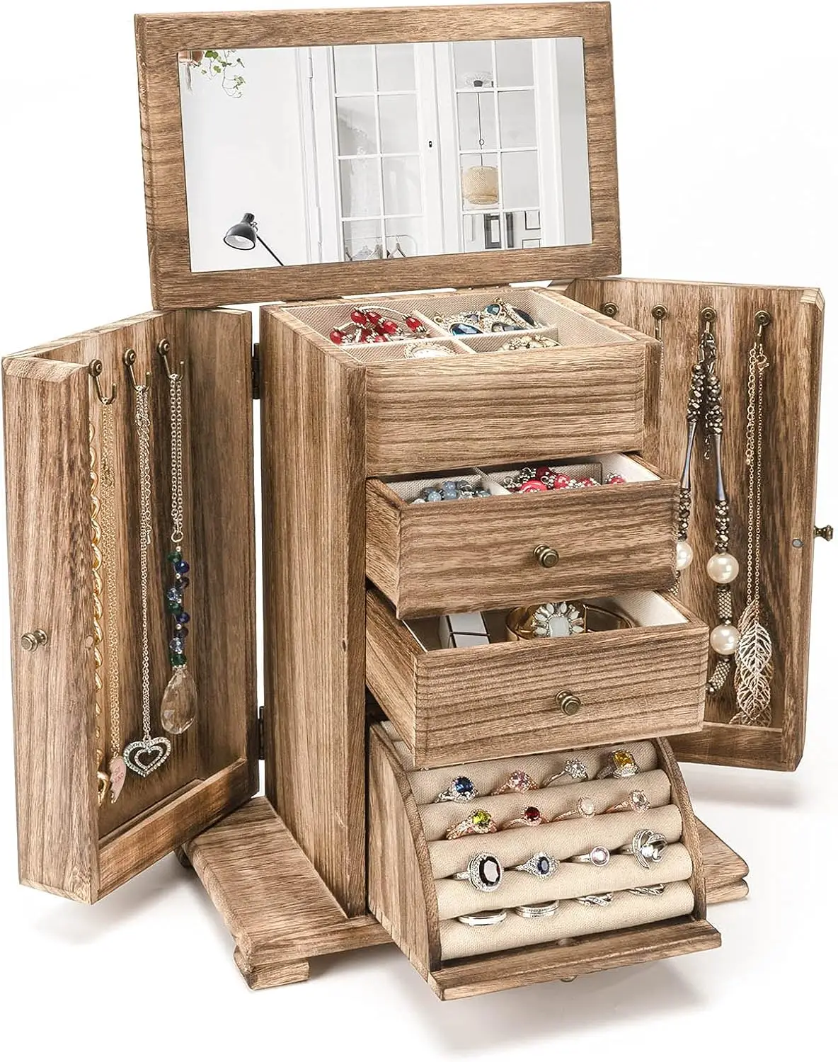 

Jewelry Box for Women, Rustic Wooden Jewelry Boxes & Organizers with Mirror, 4 Layer Jewelry Organizer Box Display for R