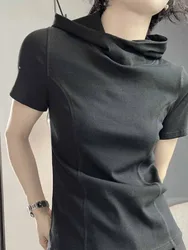 simple fashion short sleeve Hoodied t-shirts 2024 summer new tops women y2k Grunge slim fit patchwork black tee shirt