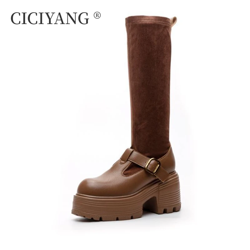 

CICIYANG Women Elastic Long Tube Retro Knight Boots 2024 Autumn New High Heel Knee-high Boots Ladies Roman Boots Genuine Leather