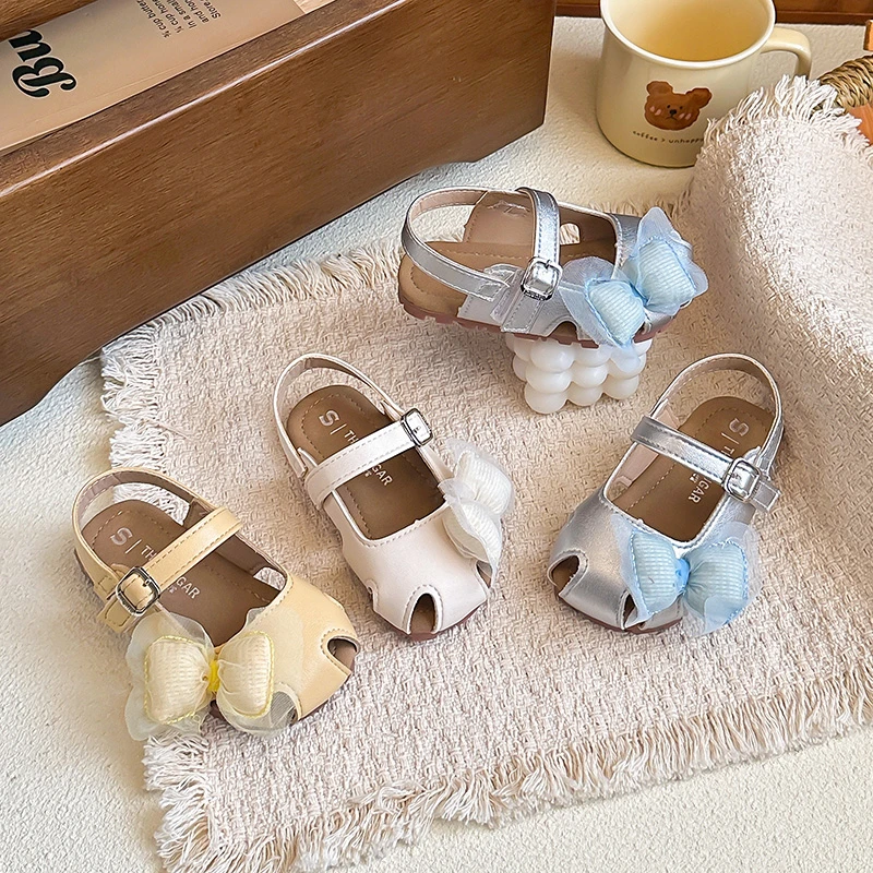 Mumoresip Kids Beach Shoes Sweet Big Bows Girls Cute Sandals Hollowed-out Soft Bottom 2026 Summer New Children Princess Shoes