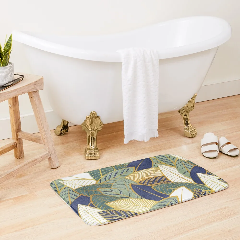 

Leaf wall // navy blue pine and sage green leaves golden lines Bath Mat For Bathroom And Toilet Mat