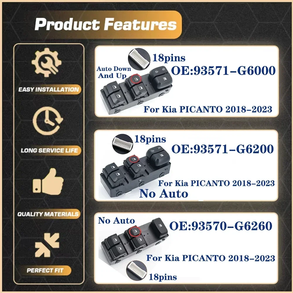 Power Window Control Switch 93571-G6000 Master Control Panel Window Regulator Switch Car Window Parts For KIA PICANTO 2018-2023