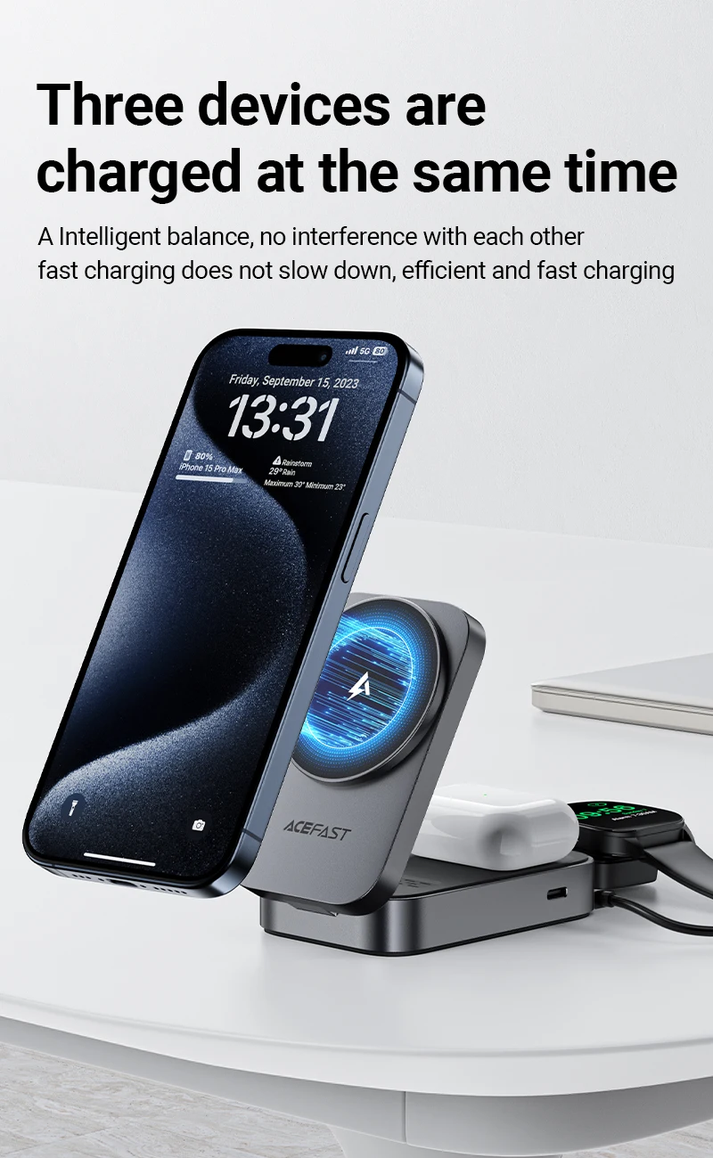 ACEFAST Foldable 3in1 15W Magnetic Wireless Charging Holder For iPhone 16/15 Pro Max Desktop Charging Station For IWatch/Airpods