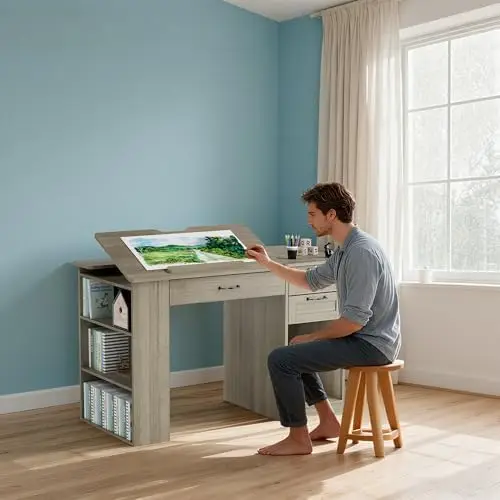 Drafting Table with Storage Cabinet & Drawers, Adjustable Drawing Table with Open Shelves, Craft Art Desk for Artists