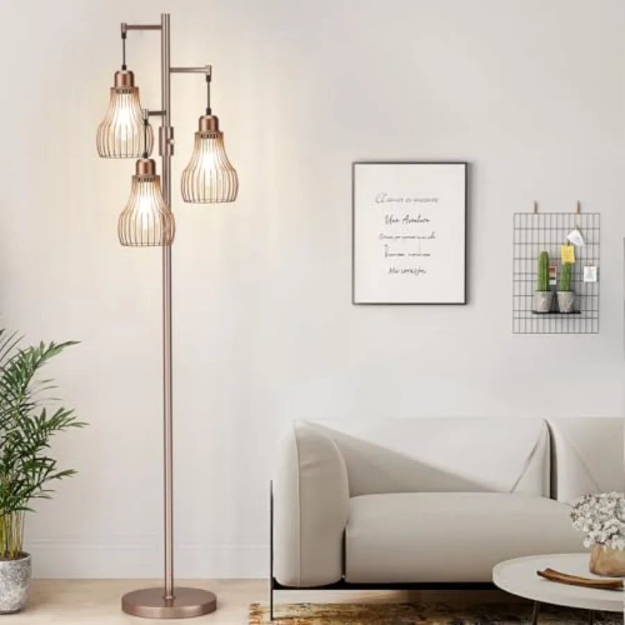 

Dimmable Floor Lamps for Living Room, Industrial Tree Standing Tall Lamps with 3 Elegant Cage Shade and 800 Lumens LED Bulbs fo